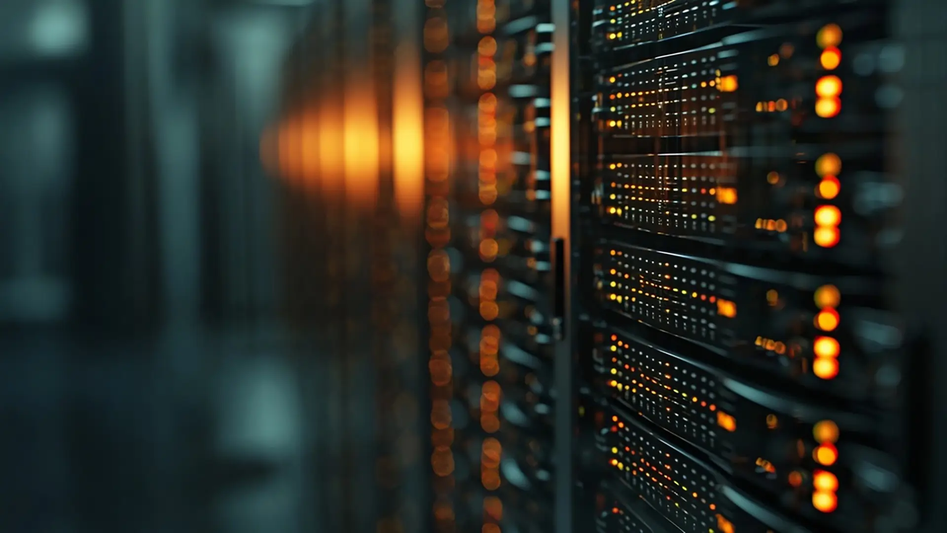 Deep depth-of-field view of racks in a server room.